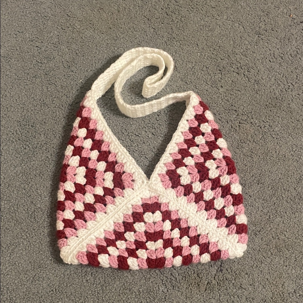 Handcrafted Crochet Tripple Granny Square Bag - Red Pink and White 💖